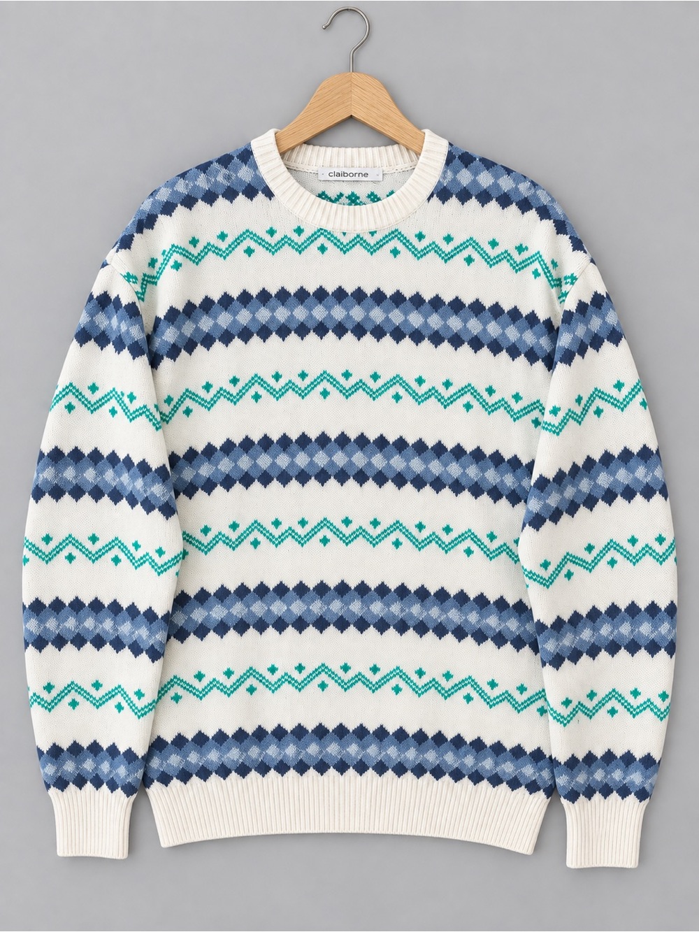 Vintage 90s Claiborne Chunky Cotton Knit Sweater Fair Isle Stripes